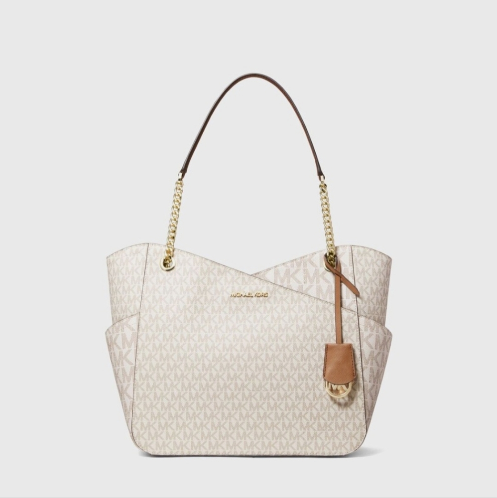 New Michael Kors Large Vanilla Jet Set Logo Shoulder Tote
